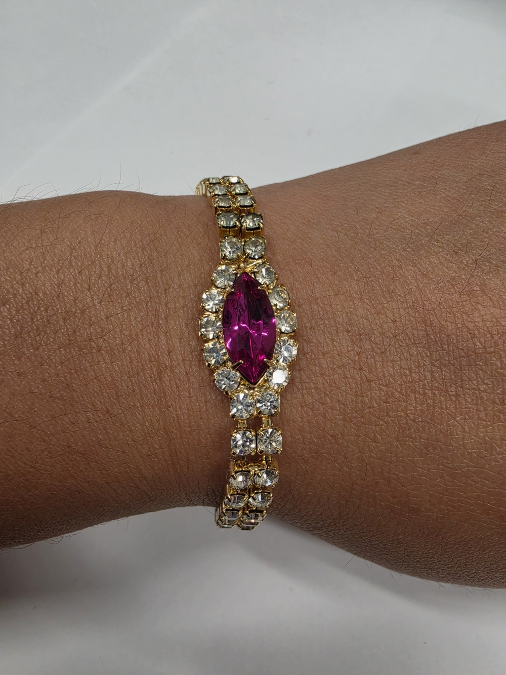 Gold-tone Marquise Magenta Pink Rhinestone Tennis Bracelet Halo Royal Classy